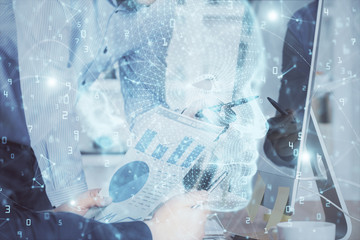 Man with computer background with brain theme hologram. Concept of brainstorm. Double exposure.