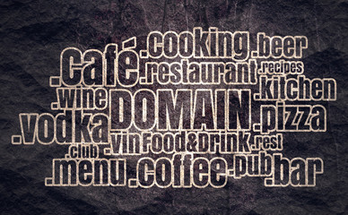 Domain names words cloud relative to food and drink theme. Internet and web telecommunication concept