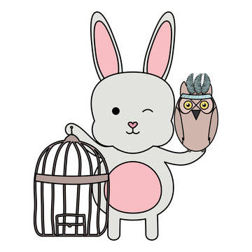 owl bird and rabbit with cage bohemian style