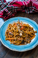Beef Noodle with Vegetables in Plate.