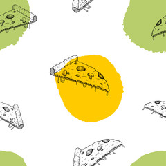 Hand drawn vector seamless pattern - Types of pizza: Pepperoni, Margherita, Hawaiian, Mushroom. Sketch style. Perfect for leaflets, cards, posters, prints, menu, booklets