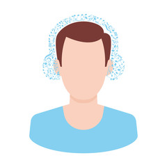 Vector boy listen music with headphones composed of musical notes. Isolated white background.