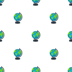 Seamless pattern with earth globe with stand isolated on white background. World map. Earth icon. Vector illustration for design, web, wrapping paper, fabric, wallpaper.