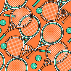 Sport theme seamless pattern of tennis rackets and balls.