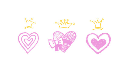 Vector set of hand drawn hearts and crowns on white.