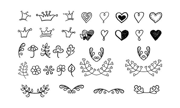 Vector set of hand drawn hearts, crowns, flora on white.