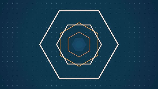 Yellow and white hexagons abstract motion background, seamless loop. Animation. Hexagon frames widen and narrow fast on blue background.