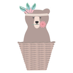 bear grizzly with feathers hat in basket straw bohemian style