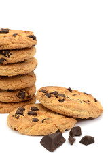 Chocolate chip cookies with chocolate parts or pieces isolated on white background