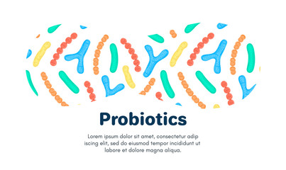 Vector background with probiotics. Bifidobacterium, lactobacillus, streptococcus thermophilus, lactococcus, propionibacterium. Landing page template, banner, mailing, advertising, label, presentation
