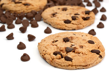 Chocolate chip cookies with chocolate parts from top view isolated on white background