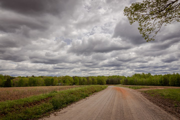 Clouds over a dirt road on a spring afternoon