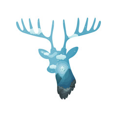 Silhouette of a deer head with a landscape inside. Vector illustration on white background.