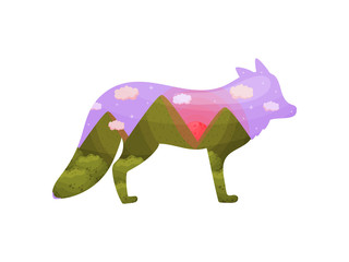 Silhouette of a fox with a landscape inside. Vector illustration on white background.