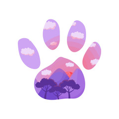 Silhouette of a fox paw footprint with a landscape inside. Vector illustration on white background.