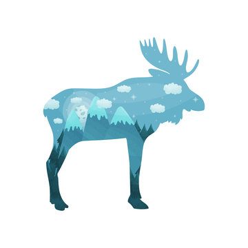 Silhouette moose. Inside the forest and mountains with snow on the tops against the background of the night sky. Vector illustration on white background.