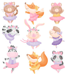 Cute animals in ballerina dresses. Vector illustration on white background.