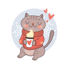 A cute kitten holding a cup of coffee and dreaming, isolated on a white background. Vector illustration.