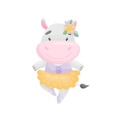 Humanized hippo in a dress ballerina. Vector illustration on white background.