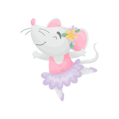 Humanized mouse in the dress of a ballerina. Vector illustration on white background.