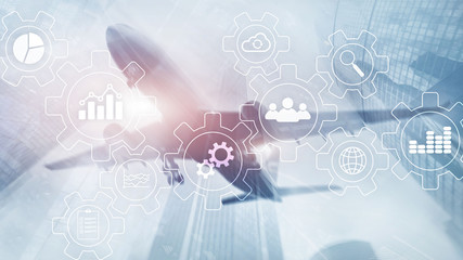 Business process abstract diagram with gears and icons. Workflow and automation technology concept.