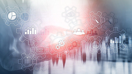 Business process abstract diagram with gears and icons. Workflow and automation technology concept.