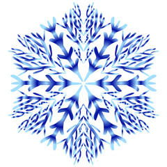 Fluffy blue snowflake on a white background. Element for winter pattern. Hand drawing style. For design of Christmas greeting card, New Year's invitation.