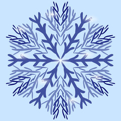 Blue snowflake on a light blue background in the style of hand-drawing to create a winter pattern. Christmas decoration, background or texture for New Year's greeting card.