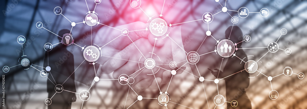Poster business process structure industrial workflow diagram automation innovation concept on virtual scre