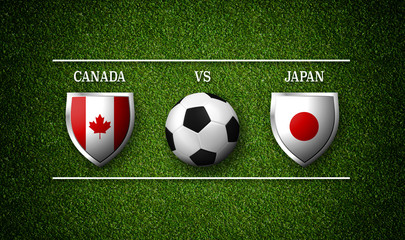 Football Match schedule, Canada vs Japan, flags of countries and soccer ball - 3D rendering