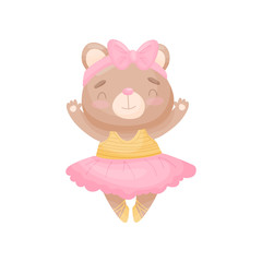 Cartoon bear in the dress of a ballerina. Vector illustration on white background.
