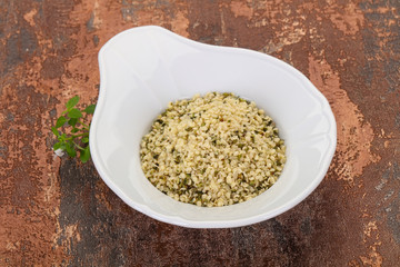Peeled hemp seeds in the bowl