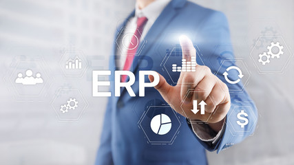 ERP system, Enterprise resource planning on blurred background. Business automation and innovation concept.