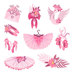 Fototapeta na wymiar Set of pink items on the theme of ballet. Vector illustration