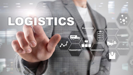 Logistic and transport concept. Businessman shows logistics diagram. Online goods orders. Goods...