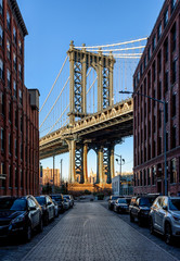 Fototapeta na wymiar Manhattan Bridge from Washington street in DUMBO (a neighborhood in the New York City borough of Brooklyn).