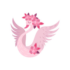 Pink swan with spread wings. Vector illustration on white background.