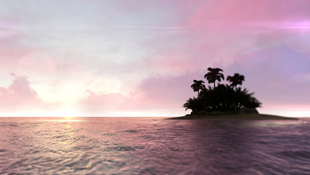 Romantic red dawn sky with abandoned tropical palm tree island on the right, adventurous travelling tropical destination as 3D illustration background