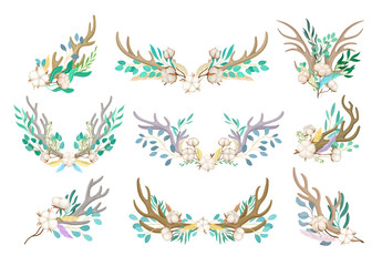 Set of compositions of deer horns. Vector illustration on white background.