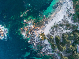 Top aerial view of the coastline in Galicia, Spain