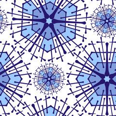 Winter seamless pattern. Stylized blue snowflakes for design of fabric, cards, invitations, packaging. Background for winter themes.