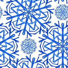 Vector seamless pattern on a winter theme with blue stylized snowflakes with gradient shading. Decoration of New Year's gifts. Background for design fabric, wrapping paper.