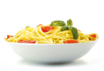 Spaghetti Plate, Isolated on White Background – Original Italian Pasta without Sauce, with Basil...