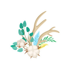 Deer antlers are decorated with ripened cotton. Vector illustration on white background.