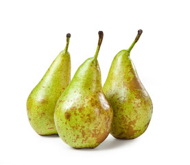 Conference Pears, Isolated on White Background – Arranged Group of Three Green European Pears (Pyrus Communis), Autumn Cultivar – Detailed Close-Up Macro on Skin, High Resolution