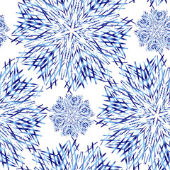 Seamless vector pattern with blue fluffy snowflakes with gradient shading. For wrapping paper, fabric, design of greeting cards, holiday invitations.