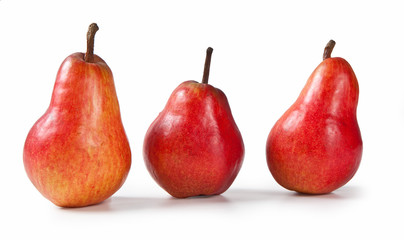 Red Pears, Isolated on White Background – Pear Cultivar Red Bartlett, Group of Three from Italy – Detailed Close-Up Macro on Peel and Stem, with Shadow, High Resolution