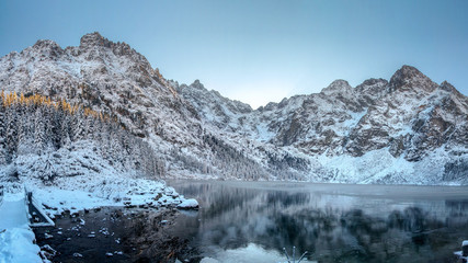 Winter mountains. High Tatra Morskie Oko lake, Poland. Scenic winter landscape of rocky mountain range covered snow