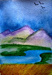 Mountains river sky illustration watercolor
