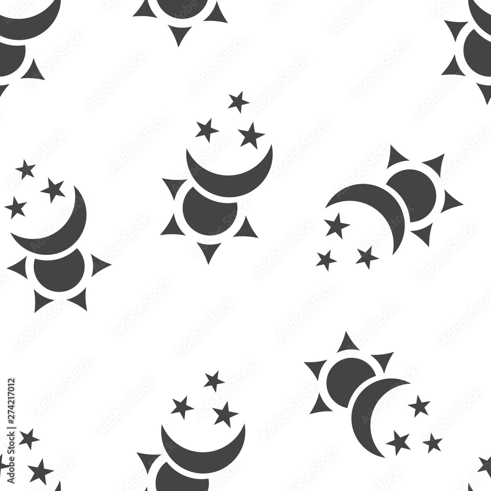Poster sun and moon with stars vector icon. the symbol of the change of day and night seamless pattern on a